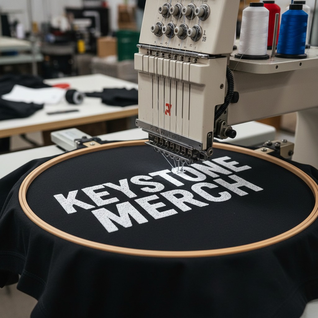 An industrial embroidery machine stitches the white text "KEYSTONE MERCH" onto a black fabric hoop.
